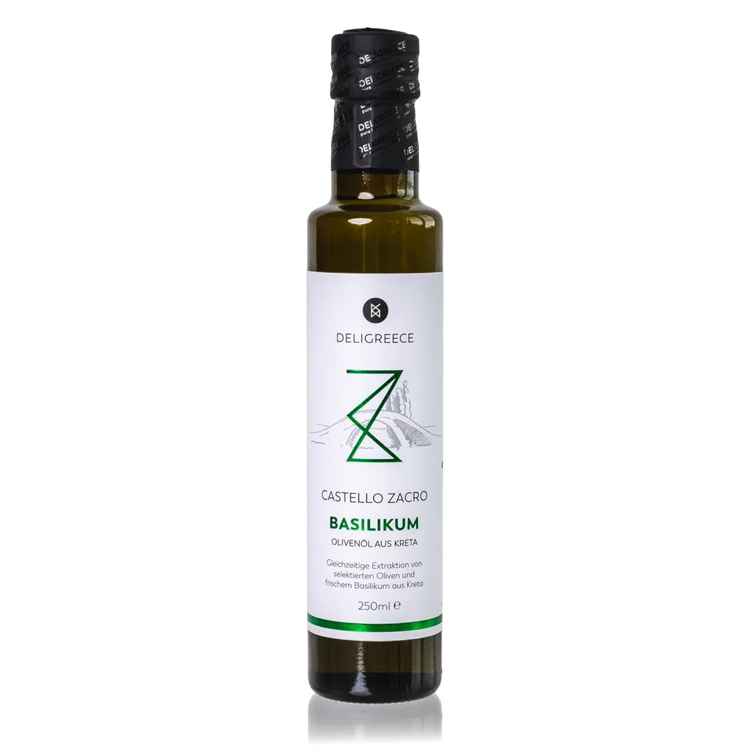 DELIGREECE - Castello Zacro Basilikum-Olivenöl | Kaltgepresstes Olivenöl mit frischem Basilikum. Fruchtiges Öl aus Kreta, ideal für Salate, Pasta & kalte Küche | 250ml