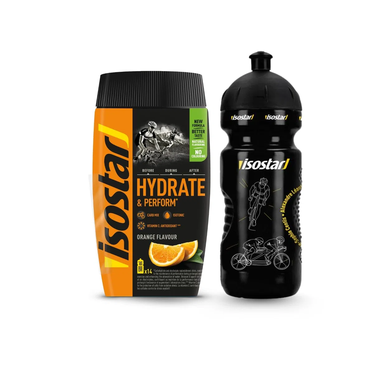 ISOSTAR – Hydrate & Perform Orange – Isotonisches Sportgetränk mit Energie, Elektrolyten & Vitamin C/B1 – Für Laufen, Radfahren & Trail – 560 g + Trinkflasche 650 ml