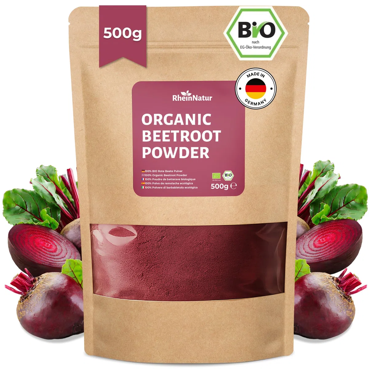 RheinNatur Bio Rote Beete Pulver 500 g – 100% Rote Beete, vegan, natürlich, ideal für Smoothies & Getränke, Bio-Qualität