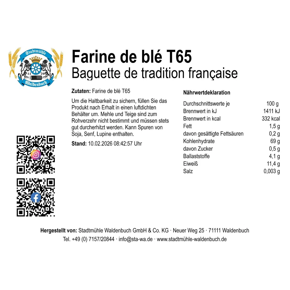 Stadtmühle Waldenbuch Baguettemehl, Farine de blé T65, Baguette de tradition française, 5 kg