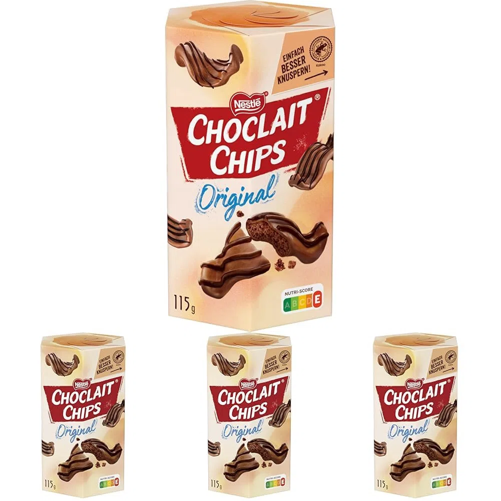 Nestlé CHOCLAIT CHIPS Original, leckere Knusperchips umhüllt mit leckerer Milchschokolade und verfeinert mit Dekorstreifen aus dunkler Schokolade, 4er Pack (1 x 115g)
