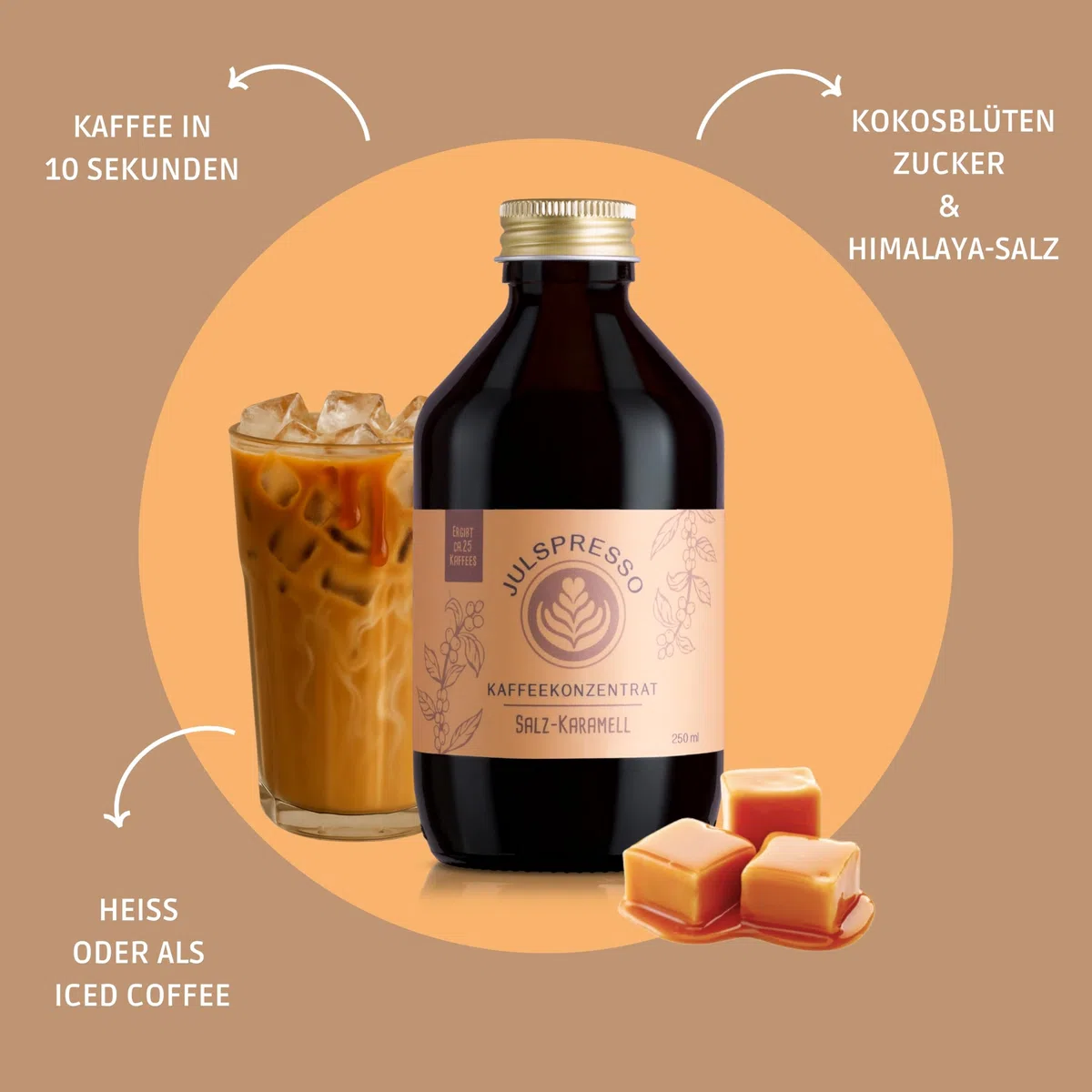 JULSPRESSO Kaffeekonzentrat - Salz-Karamell - warme Kaffeegetränke und Eiskaffee, für ca. 25 Tassen Kaffeegetränk pro Flasche (Salz-Karamell)