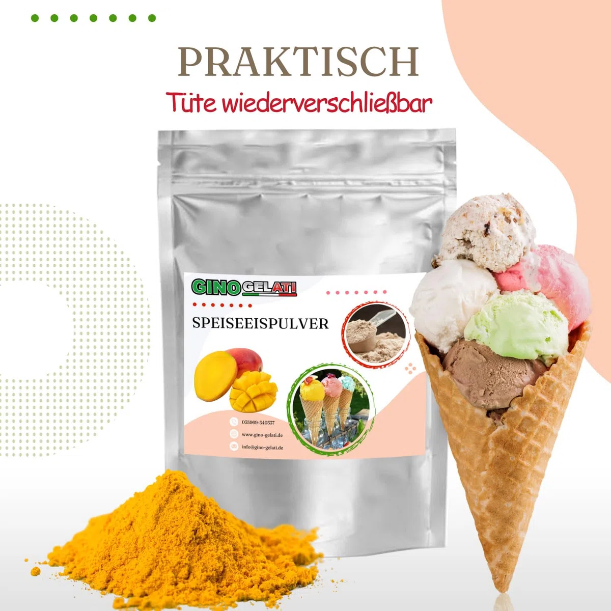 Gino Gelati Eis Speiseeis Pulver mit Nussgeschmack, Softeispulver mit und ohne Maschinen, Eiscreme selber herstellen, für Gastronomie und private Küche (333 g, Haselnuss)