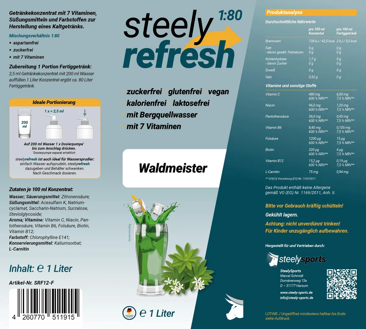 Sportgetränk Sirup zuckerfrei mit Vitaminen | SteelyRefresh Geschmack: Waldmeister| 1 Liter Getränkesirup von STEELY SPORTS | für 80L fertiges Getränk | perfekt für Training & Hydration