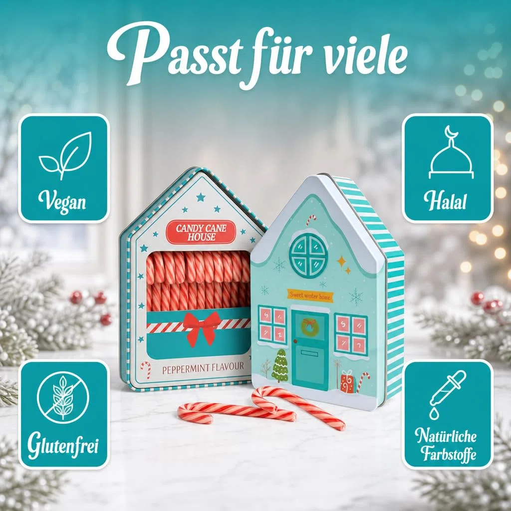 MIJOMA Candy Cane House 2er Set - 28 Zuckerstangen in dekorativer Blechdose - Pfefferminzgeschmack - vegan halal glutenfrei - mit natürlichen Farbstoffen -2x168g