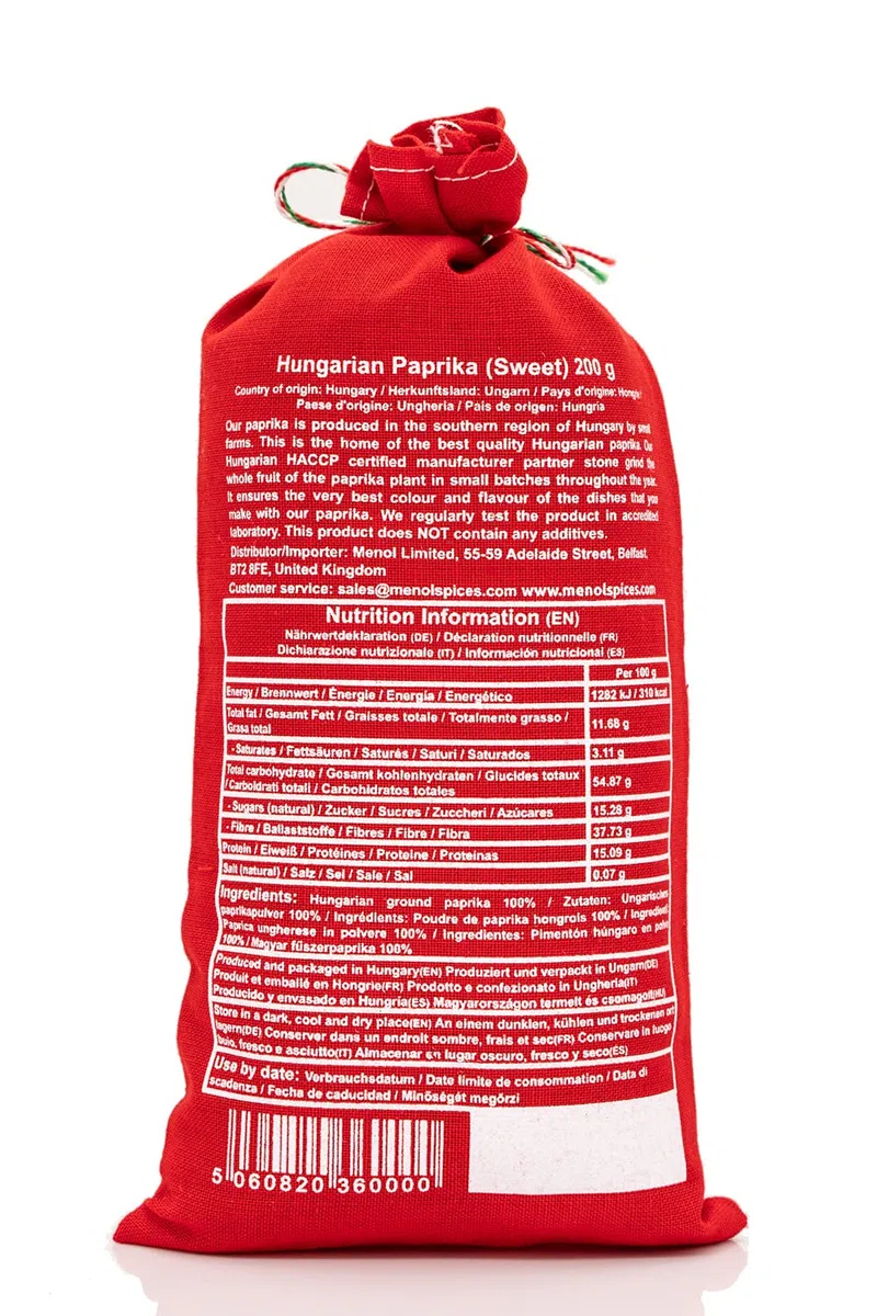 Menol Spices Original Ungarisches Paprikapulver Edelsüß 200g - Manufaktur-Qualität aus Szeged, 100% Ungarisch, Handabgefüllt, Tiefrot Aromatisch Mild für Gulasch