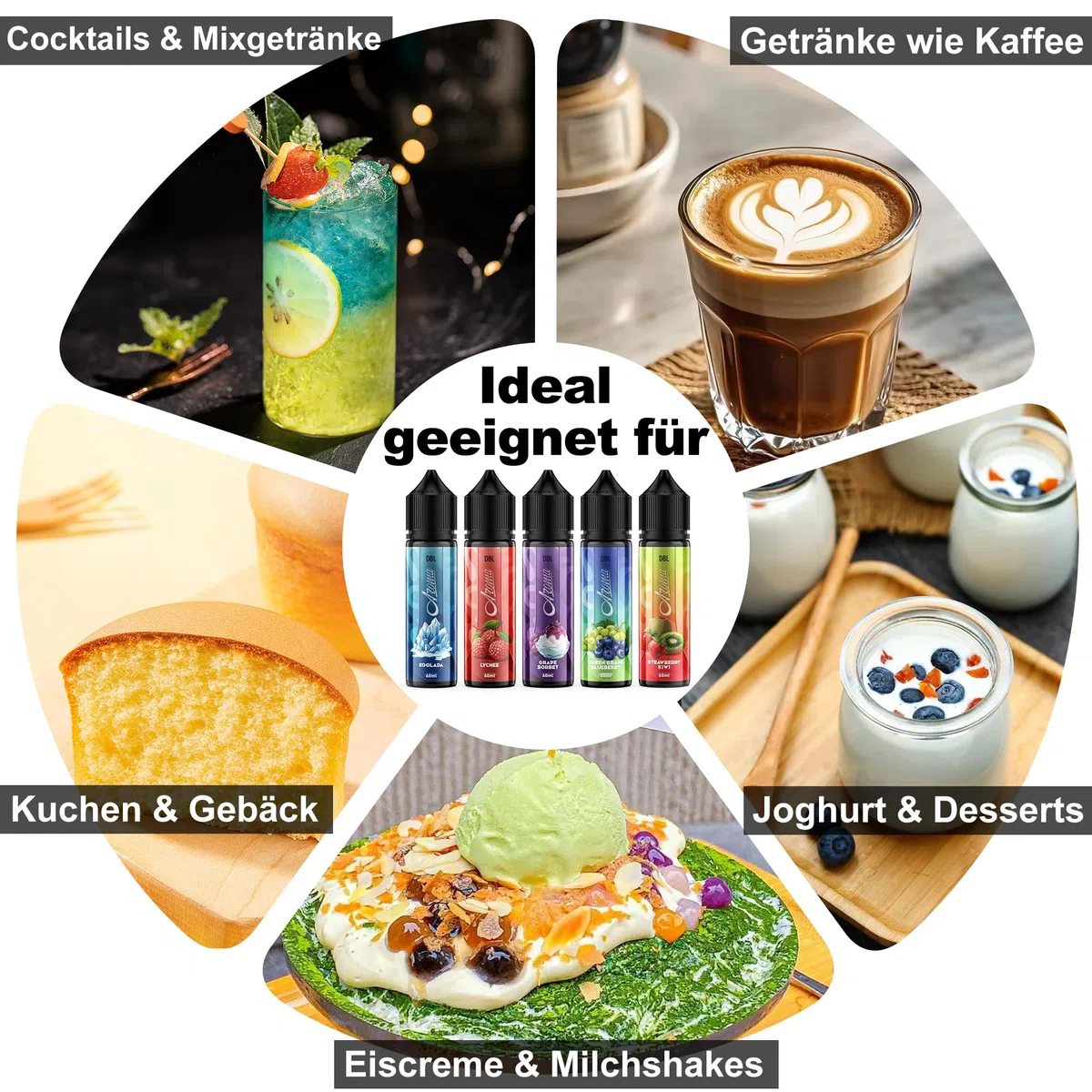 DBL Aromakonzentrat 5x20ml, Lebensmittelaroma für Backen & Getränke, Set E | Hochkonzentriert, wenige Tropfen genügen, Leicht zu mischen. Fruchtaromen für Kuchen, Joghurt & Desserts. Wasser & öllöslich