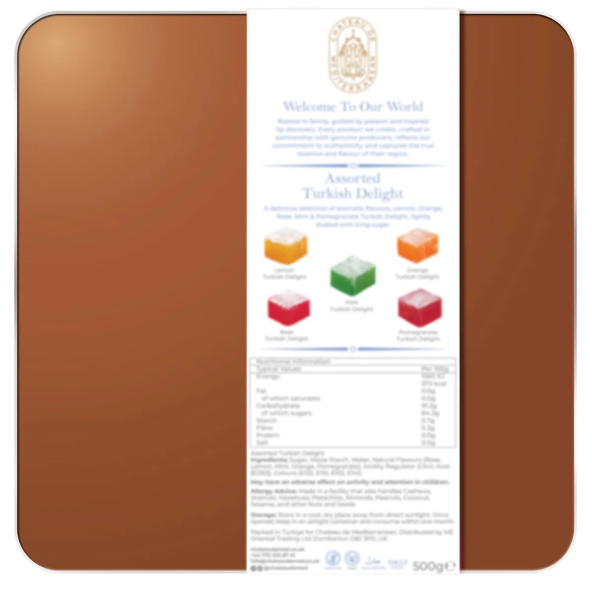 Assorted Turkish Delight Mix, Rose, Minze, Orange, Zitrone und Granatapfel Geschmack, Lokum Dessert Gourmet Geschenkbox Dose, 500g, Ca. 26 Stück, Chateau De Mediterranean