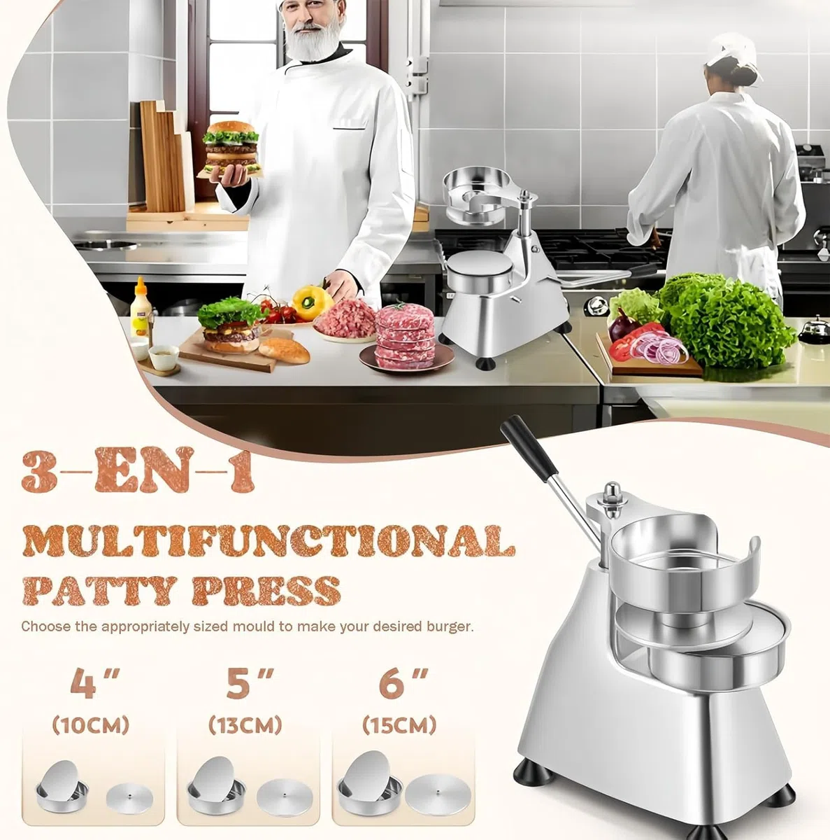 Kommerzieller 3-in-1-Burger-Patty-Maker, robuste Edelstahlpresse für einfache Hamburgerzubereitung