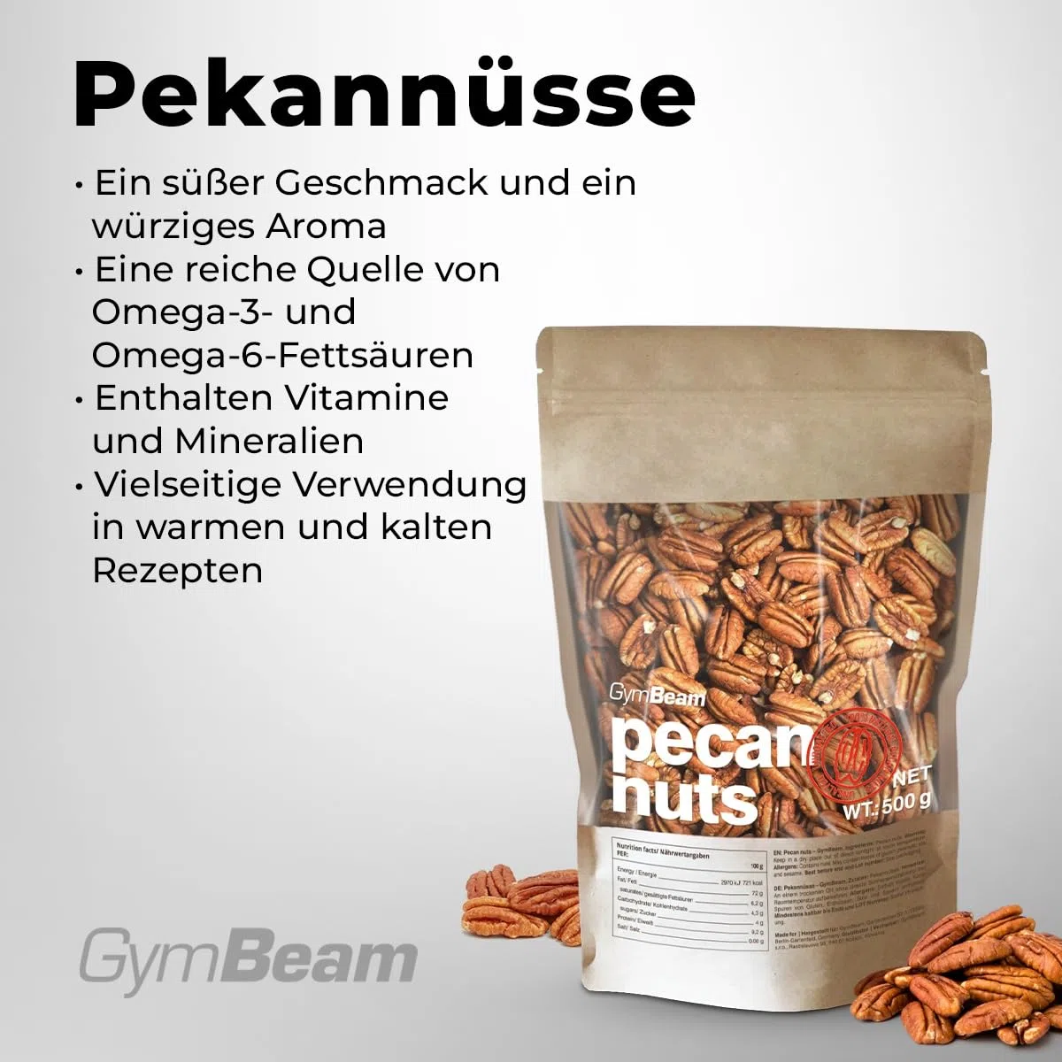 GymBeam Pekannuesse (500g) - Ungesalzen, süßer Geschmack & würziges Aroma, reiche Quelle von Omega-3 & Omega-6, enthalten Vitamine & Mineralien, vielseitige verwendbar, Pekannusskerne