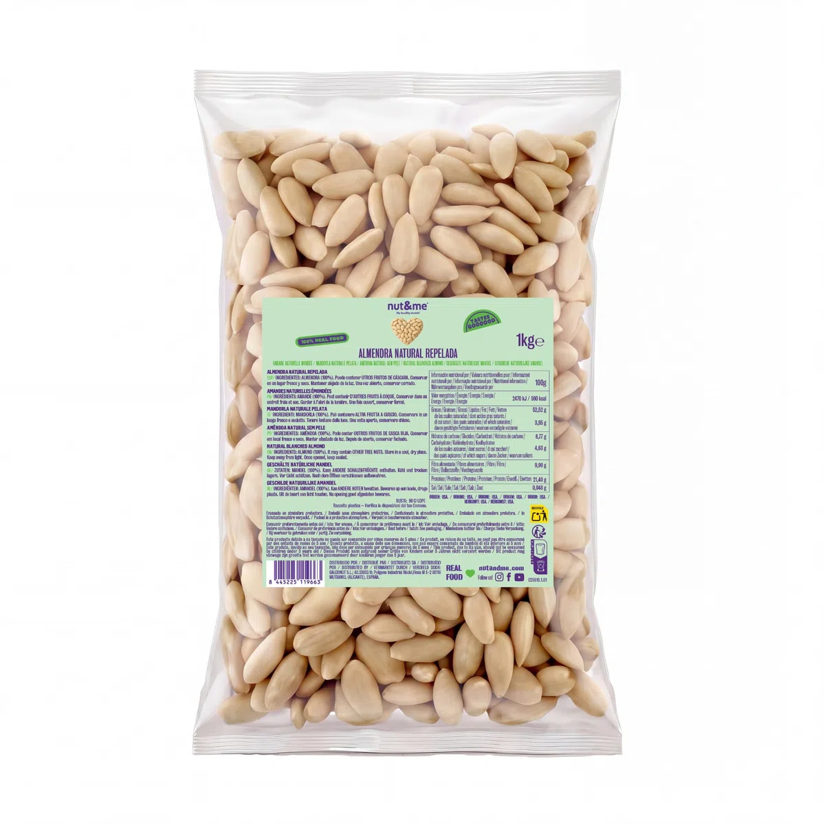 nut&me Blanchierte ganze Mandeln 1 kg | Gentechnikfrei | Roh und nicht pasteurisiert | Ungesalzen | Keto | Paleo | Koscher | Bulk, |Reich an Proteinen, Ballaststoffen