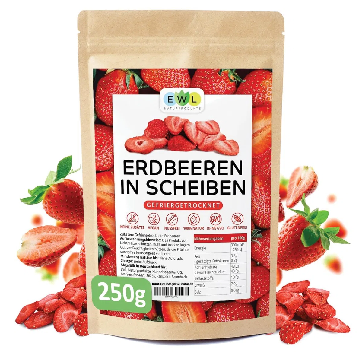EWL Naturprodukte Getrocknete Erdbeeren 250 g, gefriergetrocknete Erdbeeren ohne Zuckerzusatz, vegan, in Deutschland abgefüllt