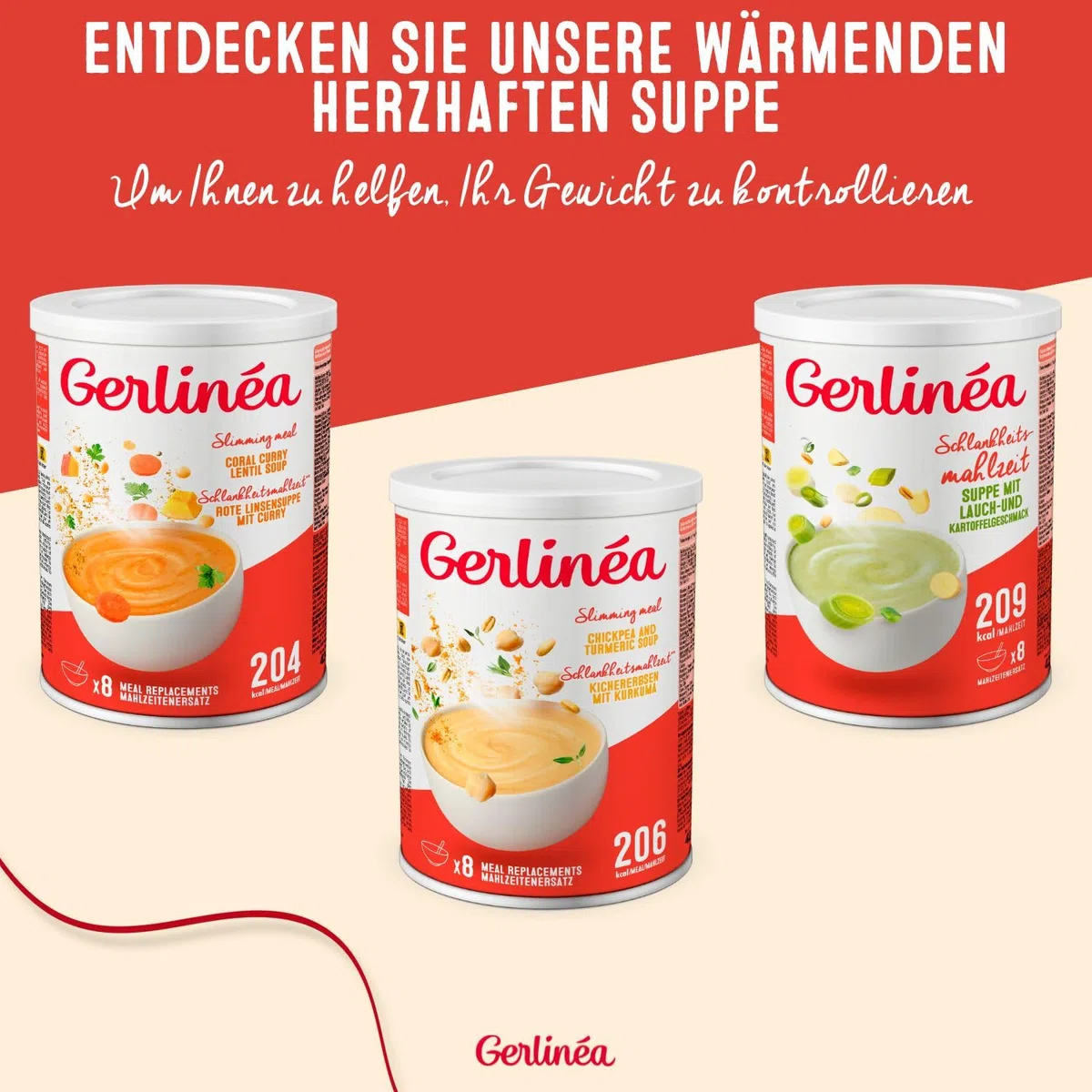 GERLINÉA – Suppe Rote Linsen & Curry – Proteinreicher Mahlzeitenersatz mit 13 Vitaminen & 10 Mineralstoffen – Wenig gesättigte Fette – 8 Mahlzeiten, Trockensuppe – 424 g