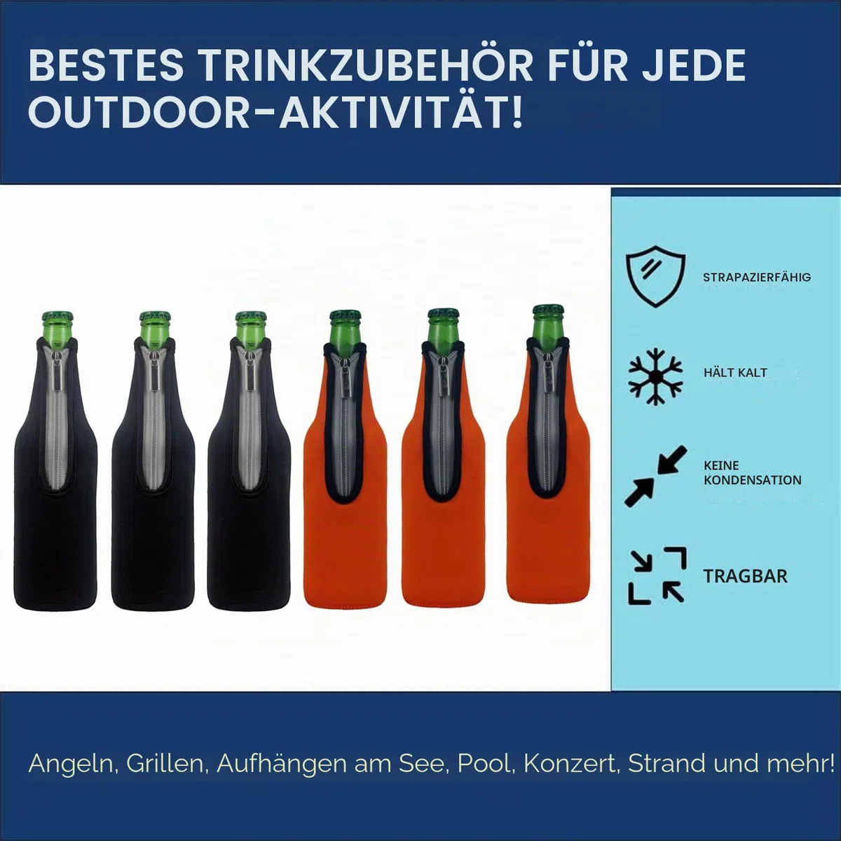 AF-WAN Bierflasche Sleeve Keep Bier Softdrink Wasser Cool Insulated Neopren mit faltbaren Reißverschluss 6 Pack 19,4 Oz (550ML) (3 Schwarz + 3 Orange)