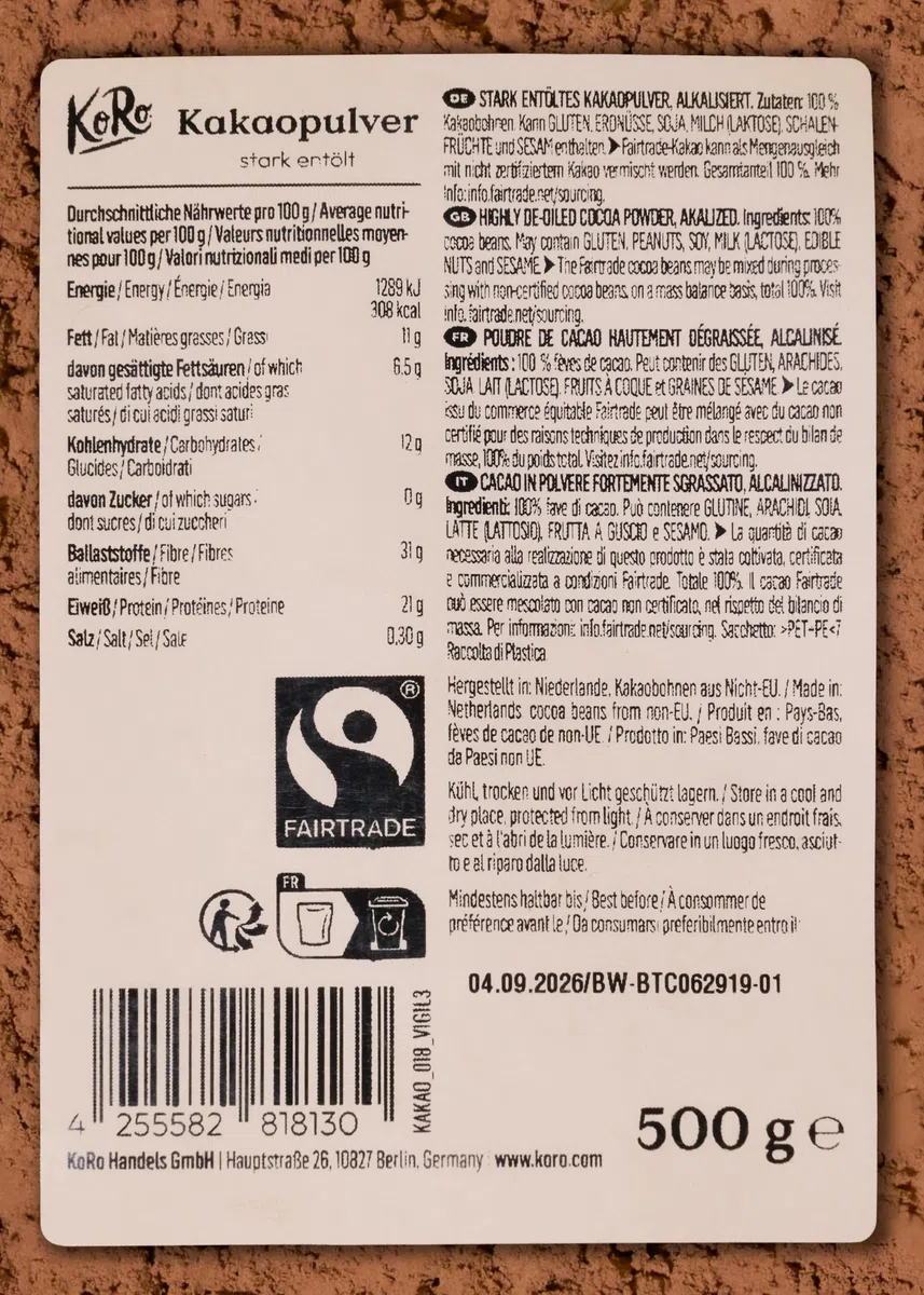 KoRo - Stark entöltes Fairtrade Kakaopulver 500 g - Vollmundiger Geschmack - Ohne Zuckerzusatz* - Ideal zum Backen und für Trinkschokolade