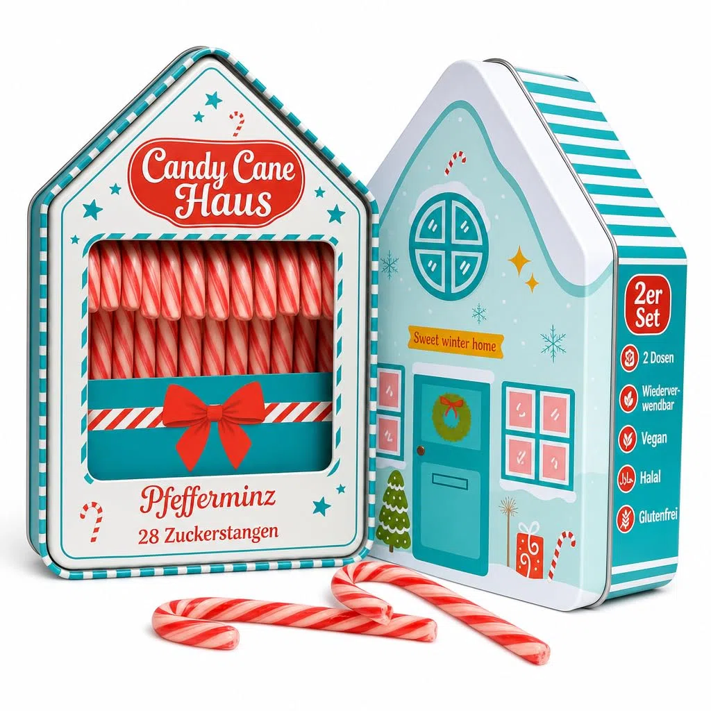 MIJOMA Candy Cane House 2er Set - 28 Zuckerstangen in dekorativer Blechdose - Pfefferminzgeschmack - vegan halal glutenfrei - mit natürlichen Farbstoffen -2x168g