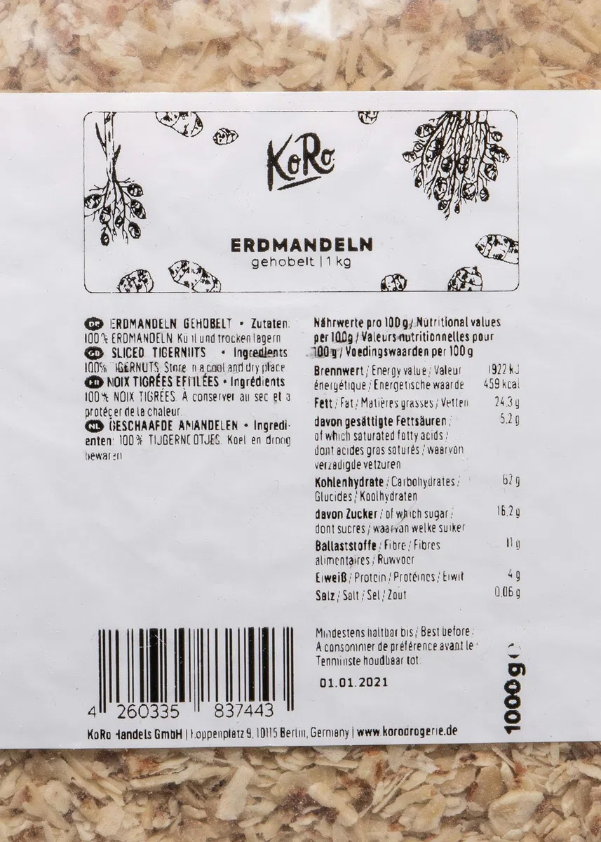 KoRo - Erdmandeln gehobelt 1 kg - 100 % ungerösteten und geschälten Erdmandeln - ohne Zusätze