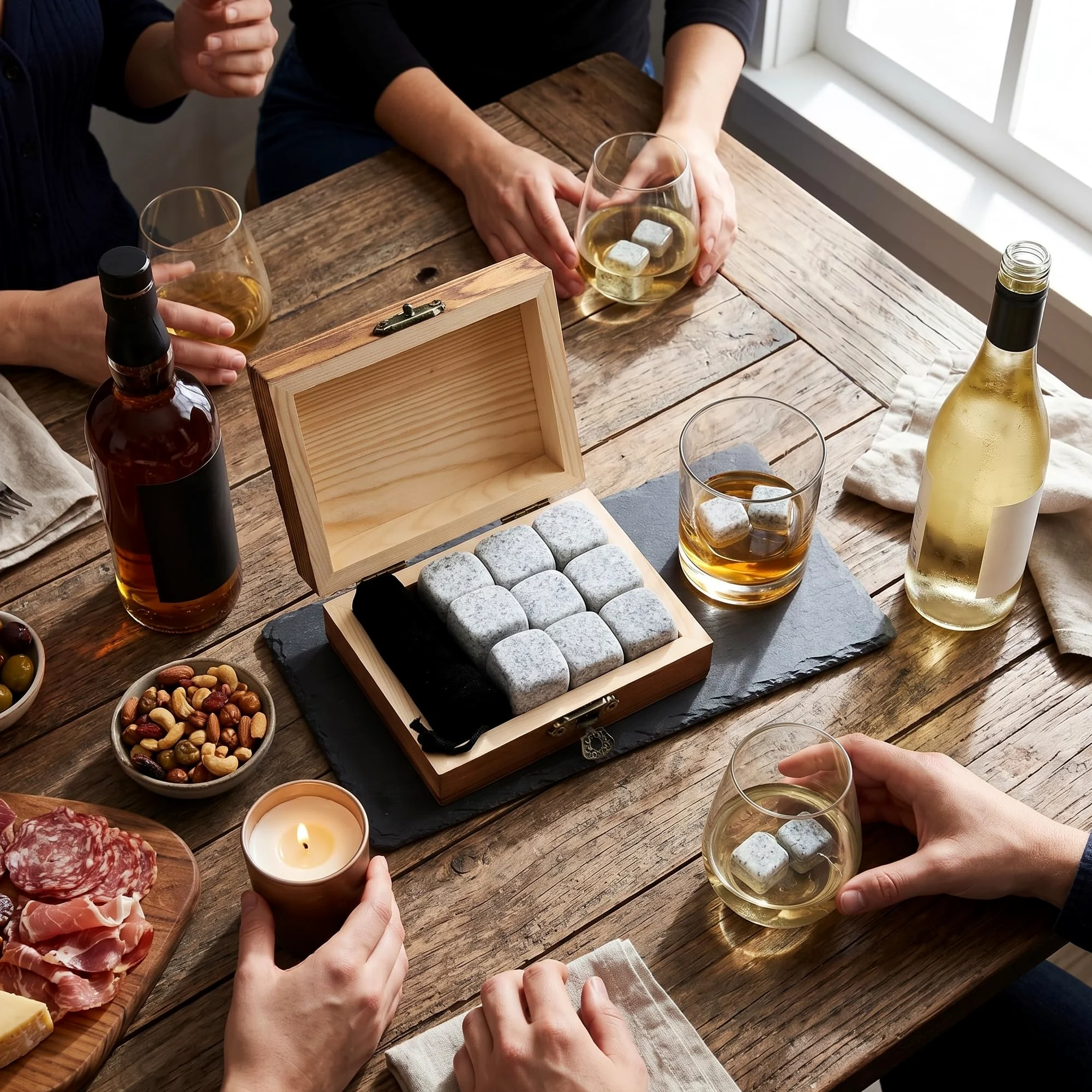Whisky Steine Set, 9 Stück Kühlsteine, Wiederverwendbare Eiswürfel, Geschenkset aus Granit, Kühlwürfel mit Holzbox (weiß)