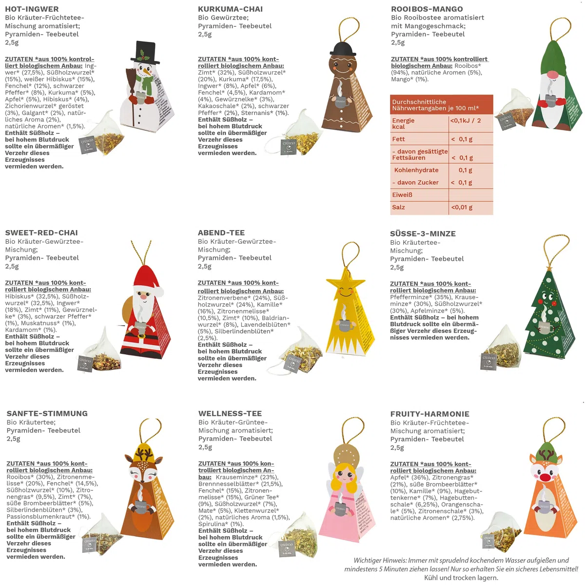 Creano Bio Wintertee Geschenkset „Niedliche Weihnachtsfiguren“ - 9 Pyramiden-Teebeutel in 9 unterschiedlichen Sorten - 22,5g - Weihnachtstee*