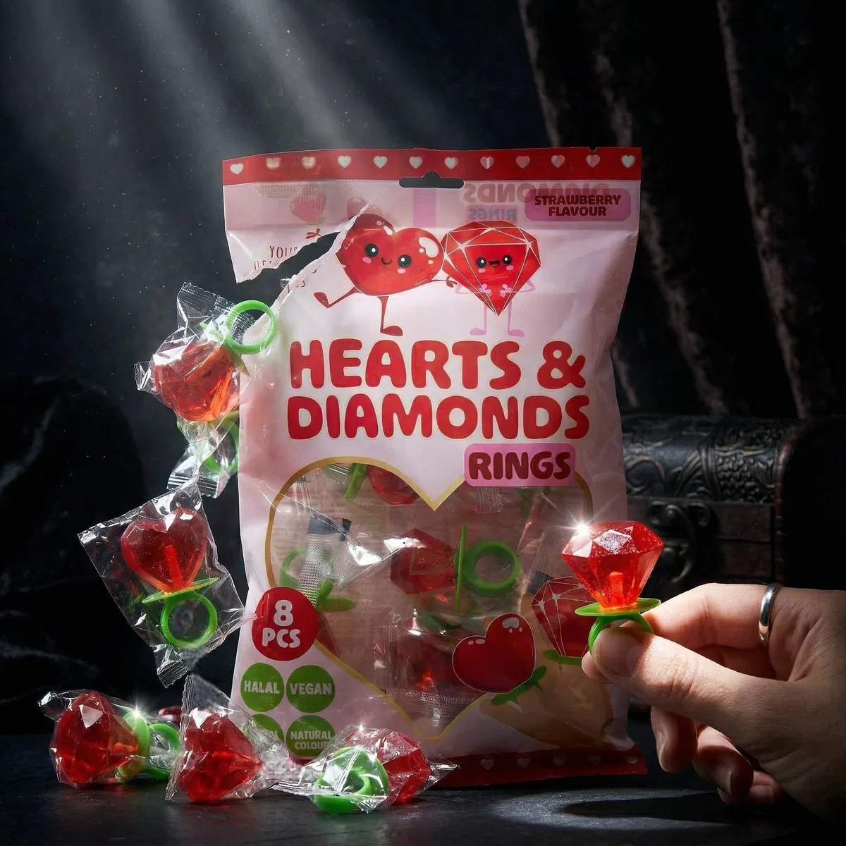 MIJOMA Lollipop-Ring Set 3x80 g – Erdbeer-Lutscher einzeln verpackt – Herz- sowie Diamantform – vegan halal glutenfrei für Candy-Bar und Feiern
