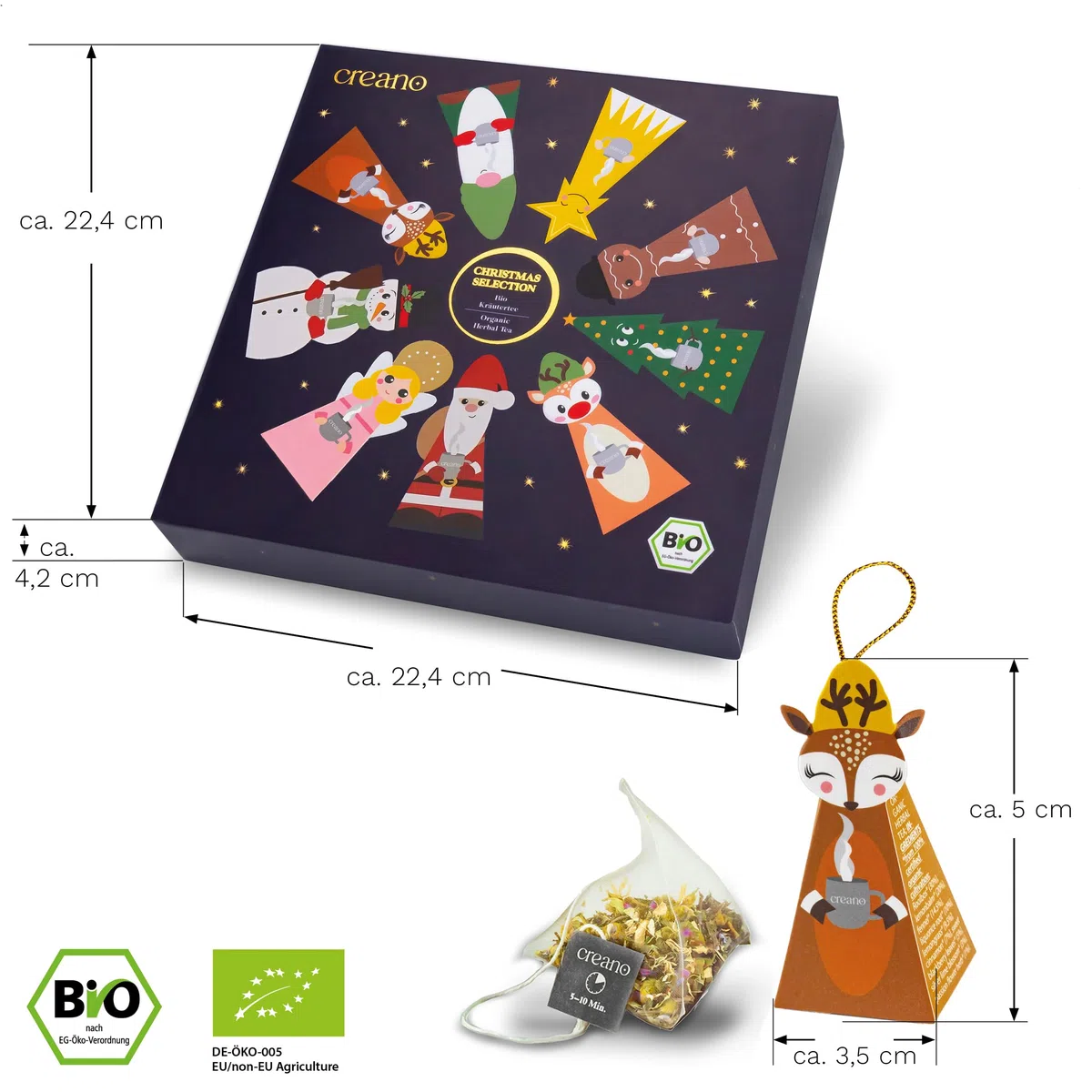 Creano Bio Wintertee Geschenkset „Niedliche Weihnachtsfiguren“ - 9 Pyramiden-Teebeutel in 9 unterschiedlichen Sorten - 22,5g - Weihnachtstee*
